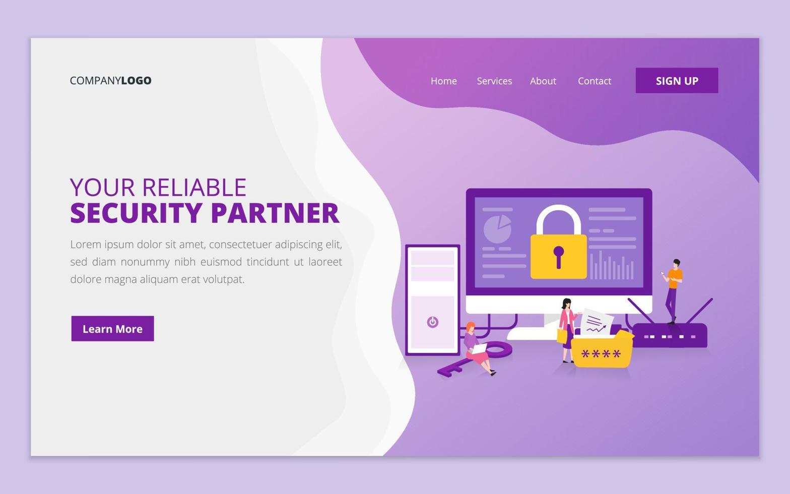Web page design template of data protection. Online security, privacy and internet security concept for website and mobile website development vector