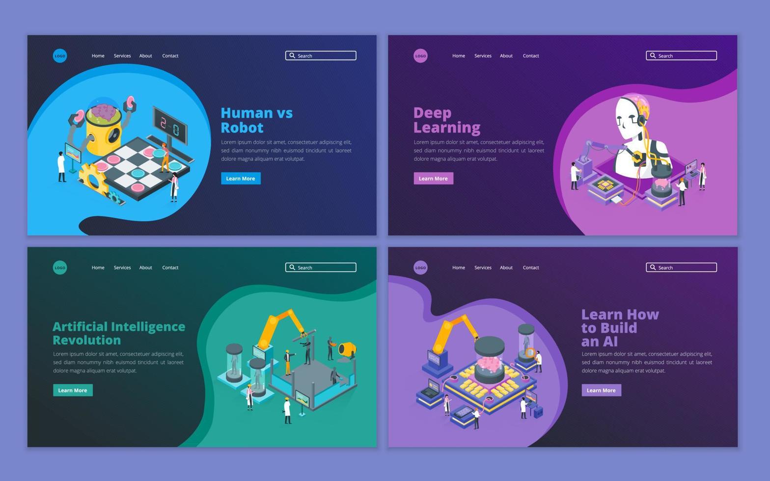 Set of landing page template for artificial intelligence AI, robot technology, future technology, machine learning. Illustration for website and mobile website development vector