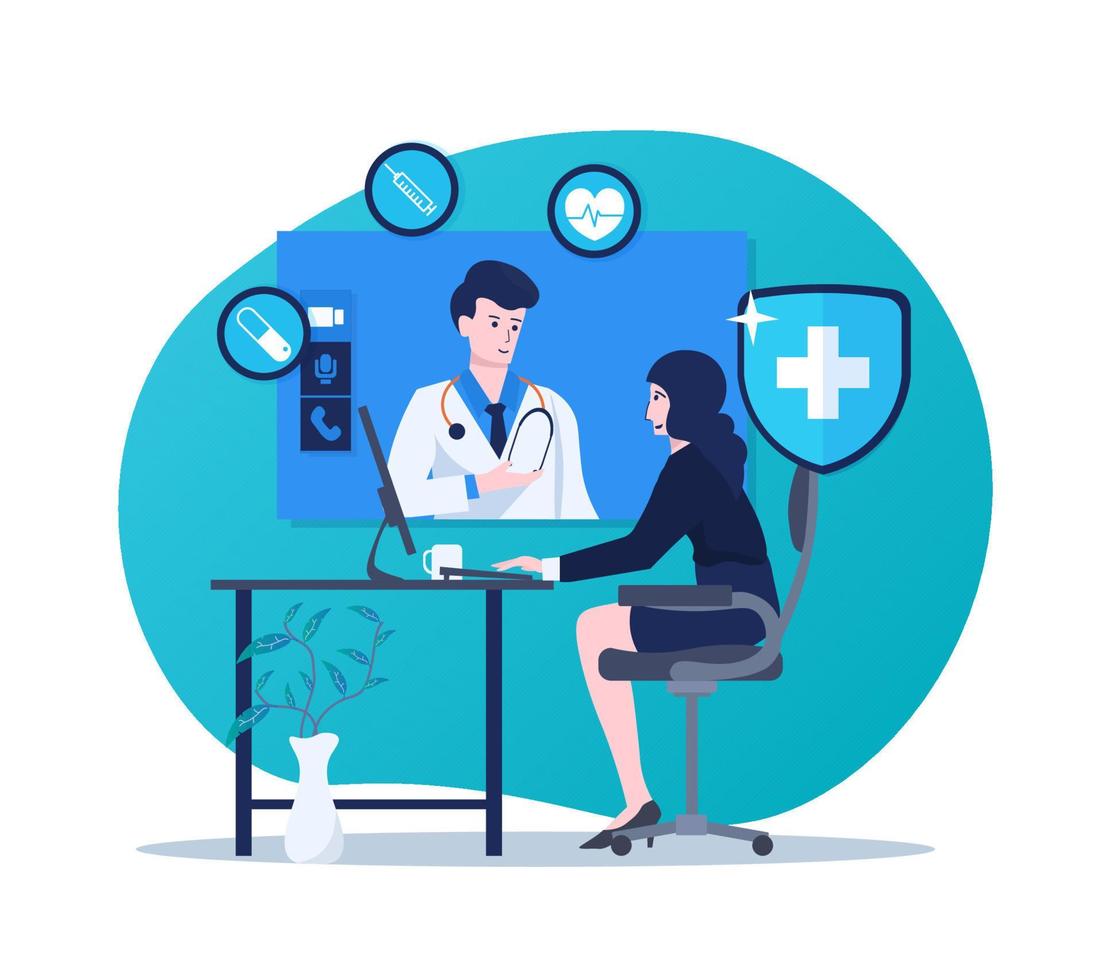Woman having an online consultation with professional doctor on a computer. Illustration of medical technology, healthcare and online doctor consultation concept vector