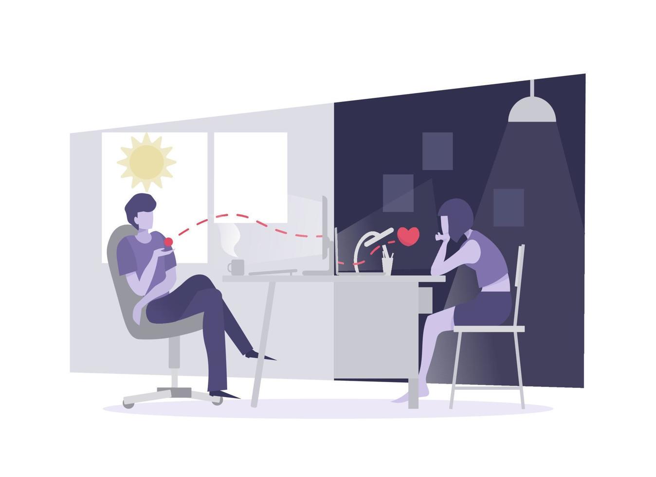 Online dating, virtual relationship and long distance relationship concept. Young couple talking to each other via online video chat vector
