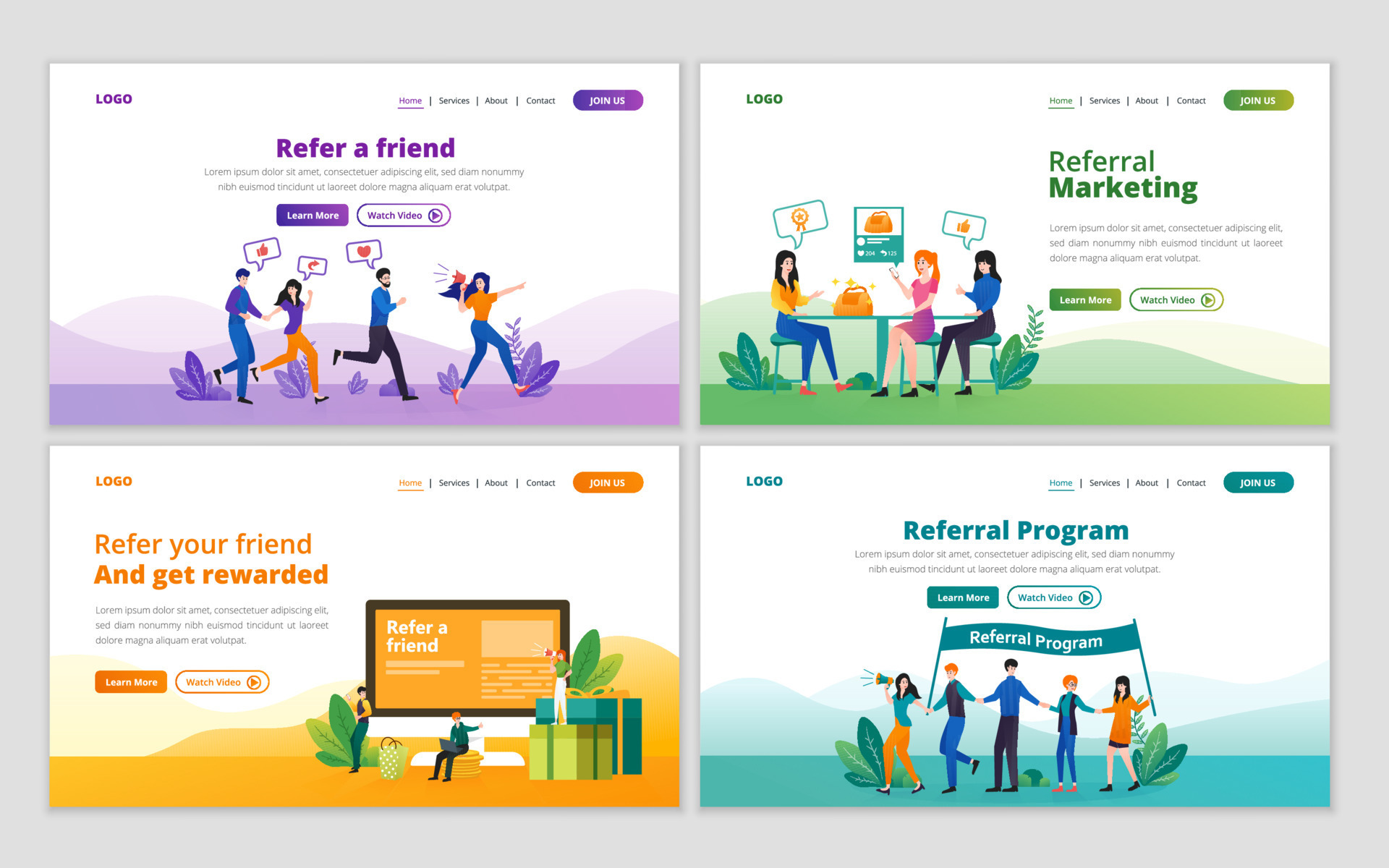 set-of-web-page-design-template-for-referral-marketing-strategy-affiliate-marketing-refer-a-friend-business-partnership-and-referral-program-concept-for-website-and-mobile-website-development-free-vector.jpg