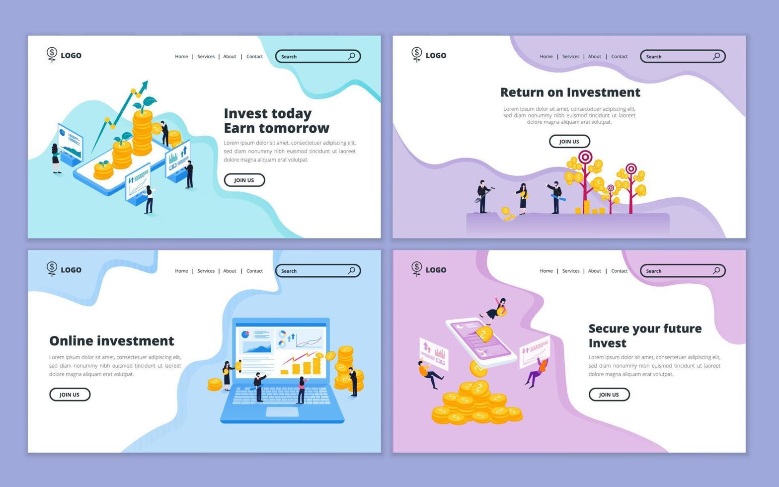 Landing page template of business investment, finance, business consulting solution, financial strategy. Illustration for website and mobile website development vector