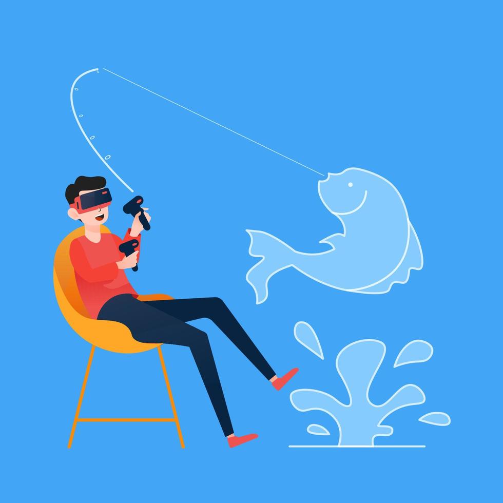 Man playing fishing game using virtual reality headset vector