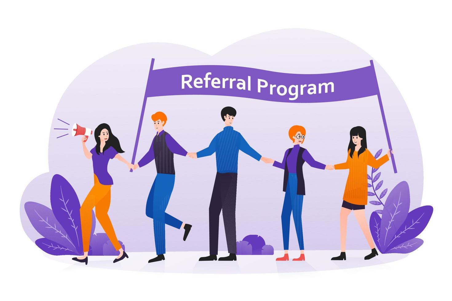 Referral program strategy with people holding hands. Referral marketing, affiliate marketing, network marketing, business partnership concept vector