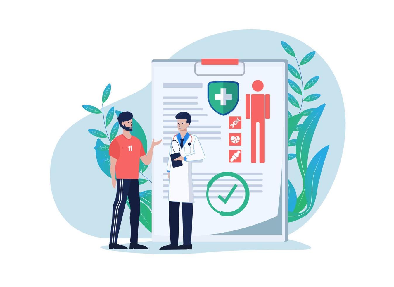 Sportsman discussing with a doctor. Illustration of healthcare and medical consultation concept vector