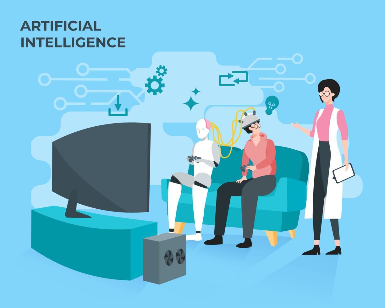 Illustration of artificial intelligence in gaming industry. Smart AI concept vector