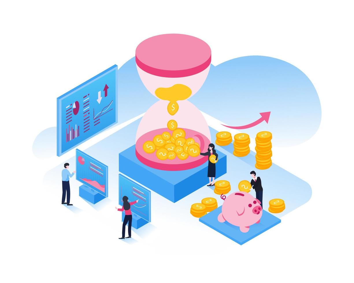 Illustration of business investment, financial management, data analysis, and teamwork concept in modern flat design vector