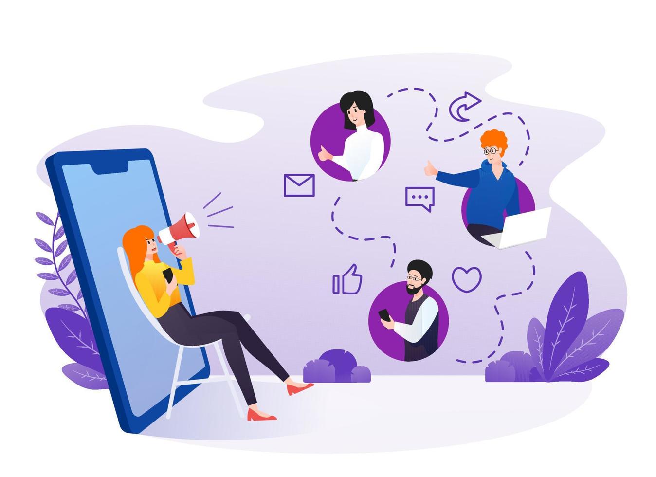 Woman Referring friends with smartphone illustration. Referral marketing, affiliate marketing, network marketing, business partnership, referral program strategy vector