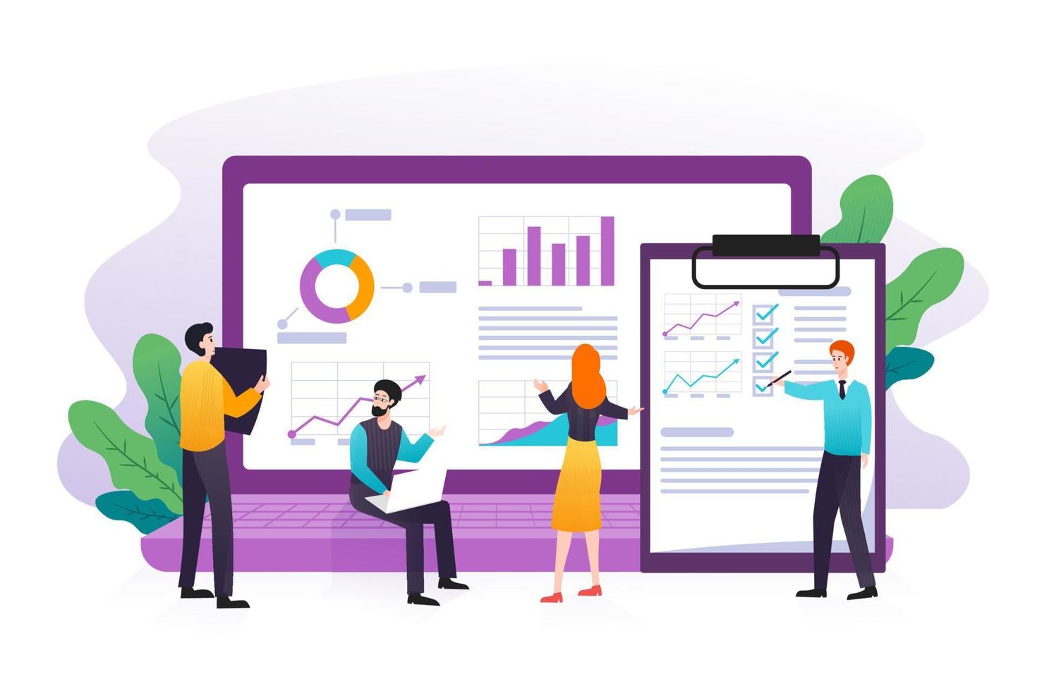 Modern flat concept of data analysis, Seo analysis, big data research and website analytics with business people illustration vector