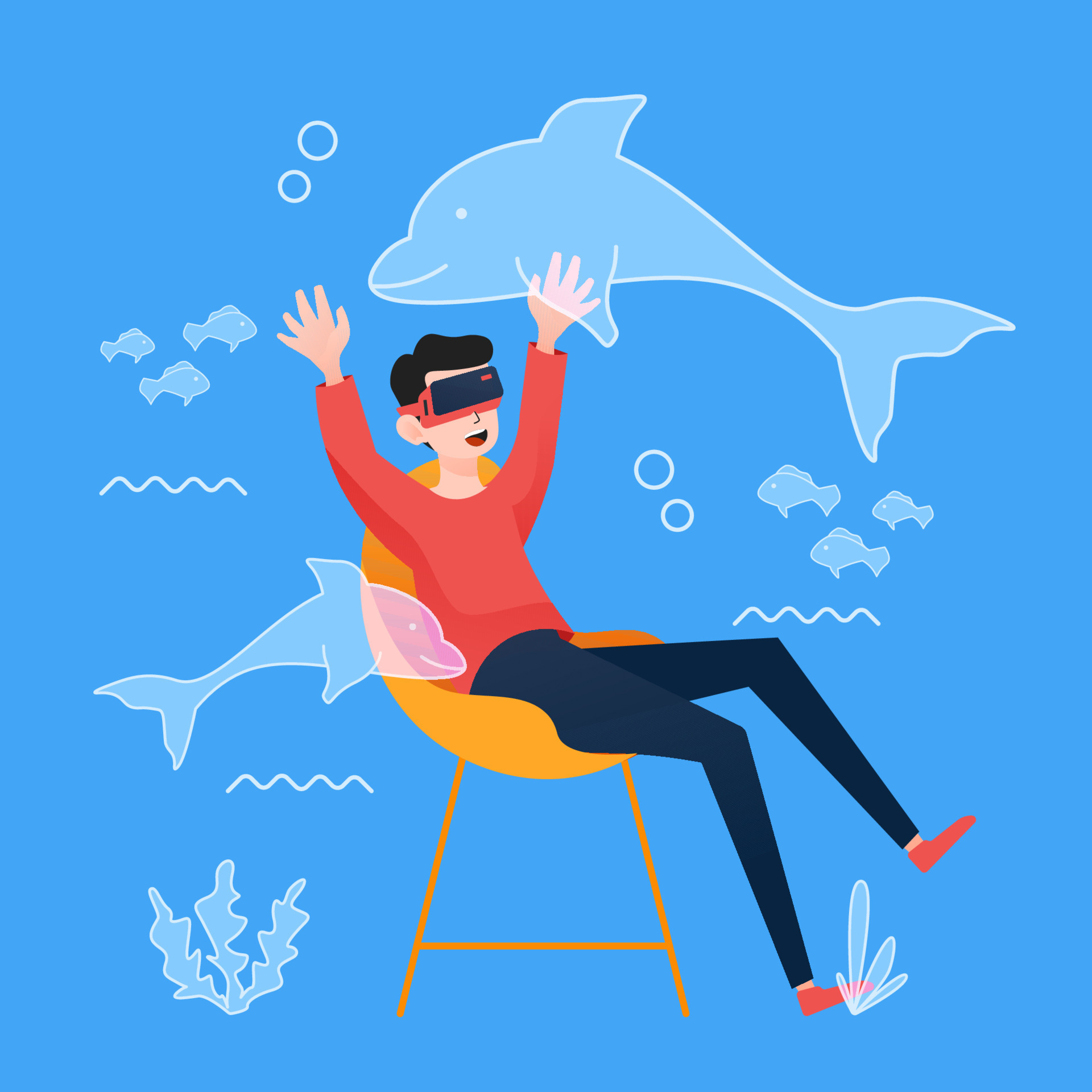 Excited man wearing virtual reality headset with underwater simulation