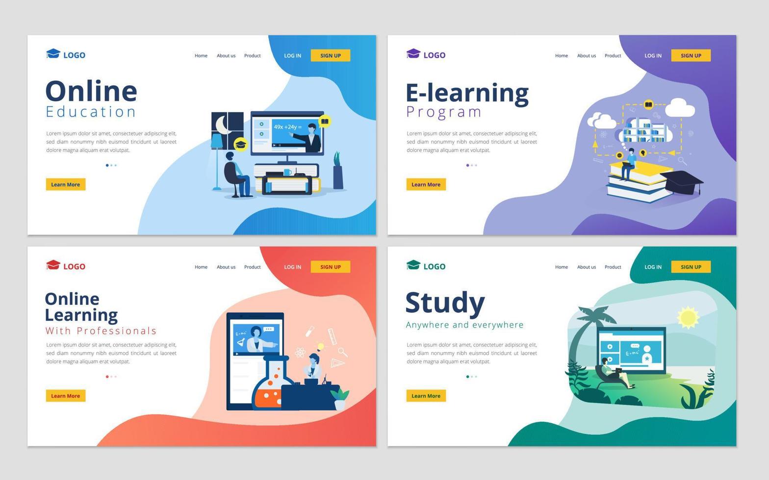 conjunto de plantillas de diseño de páginas web para educación en línea, aprendizaje en línea, cursos en línea, e-learning. ilustración para el desarrollo de sitios web y sitios web móviles vector