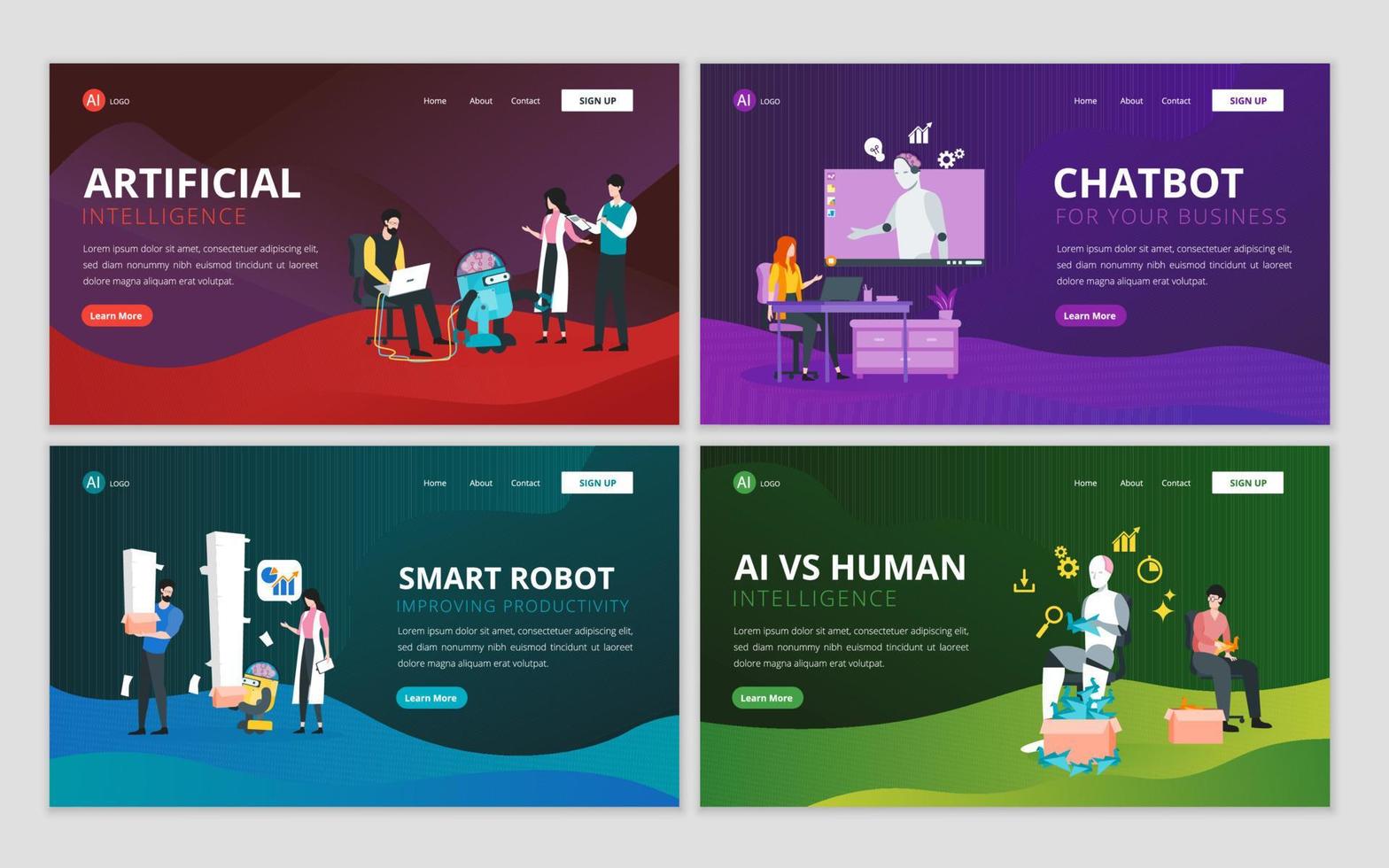Artificial intelligence AI, robot technology, future technology, machine learning web page design template. Illustration for website and mobile website development vector