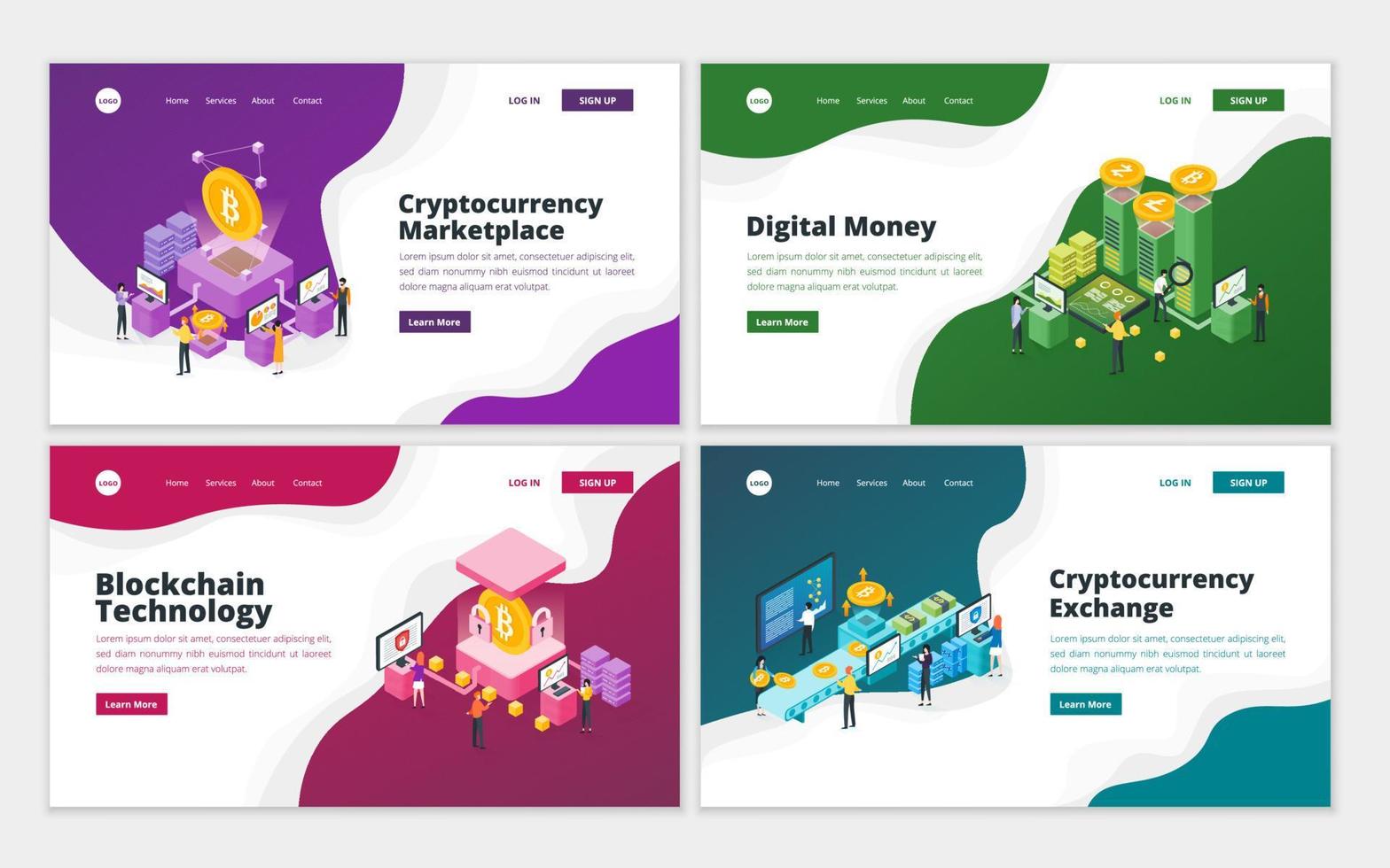 conjunto de plantillas de diseño de páginas web para el mercado de criptomonedas, bitcoin y tecnología blockchain. ilustración para el desarrollo de sitios web y sitios web móviles vector