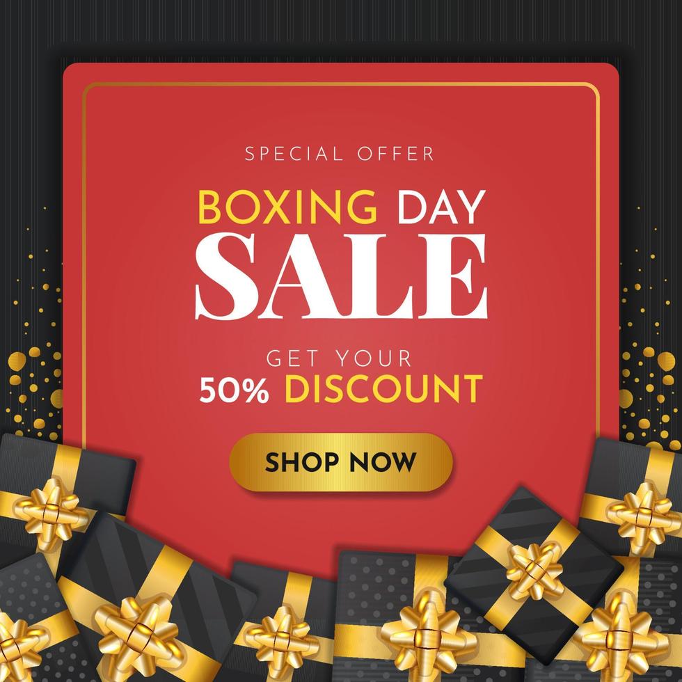 Boxing day sale banner with black gift boxes and golden ribbons vector