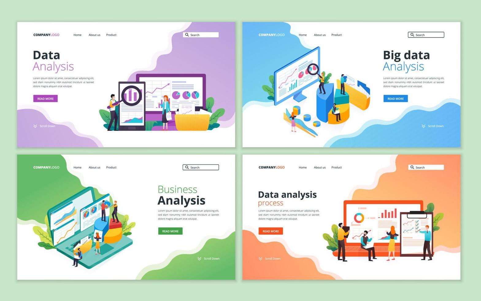 Set of web page design template for data analysis. Big data research, seo analysis, website analytics concept for website and mobile website development vector