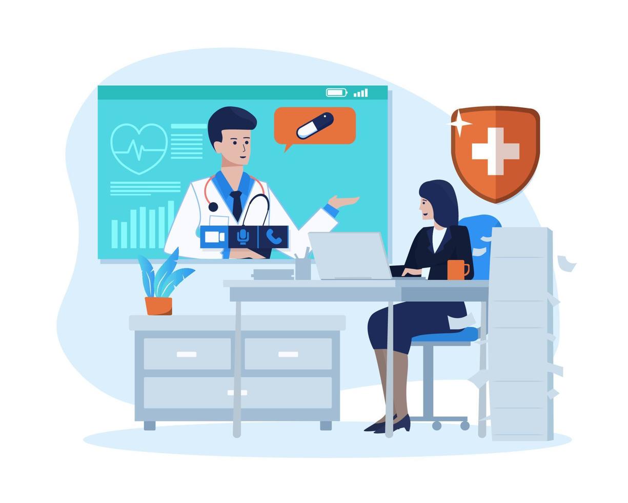 Business woman meeting a professional doctor online on a laptop. Illustration of online medical consultation concept vector