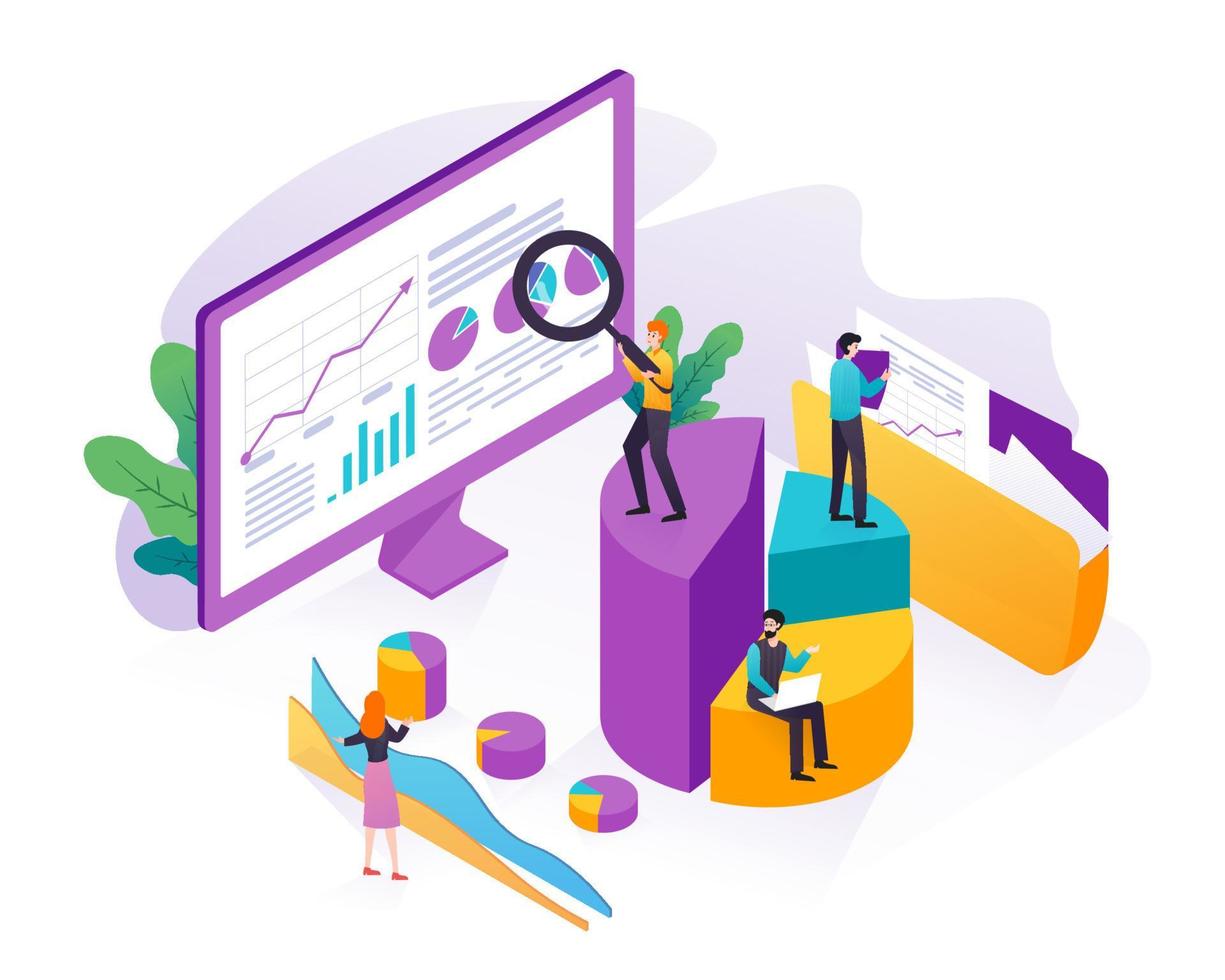 Data analysis, Seo analysis, big data research, website analytics concept with people, graphs and charts illustration vector