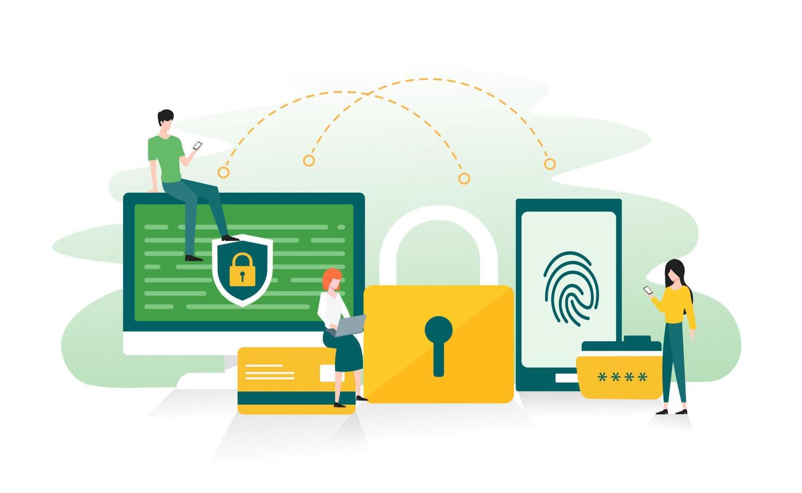 concepto de protección de datos, privacidad, seguridad de datos y seguridad de Internet con computadora, teléfono móvil e ilustración de tarjeta de crédito vector