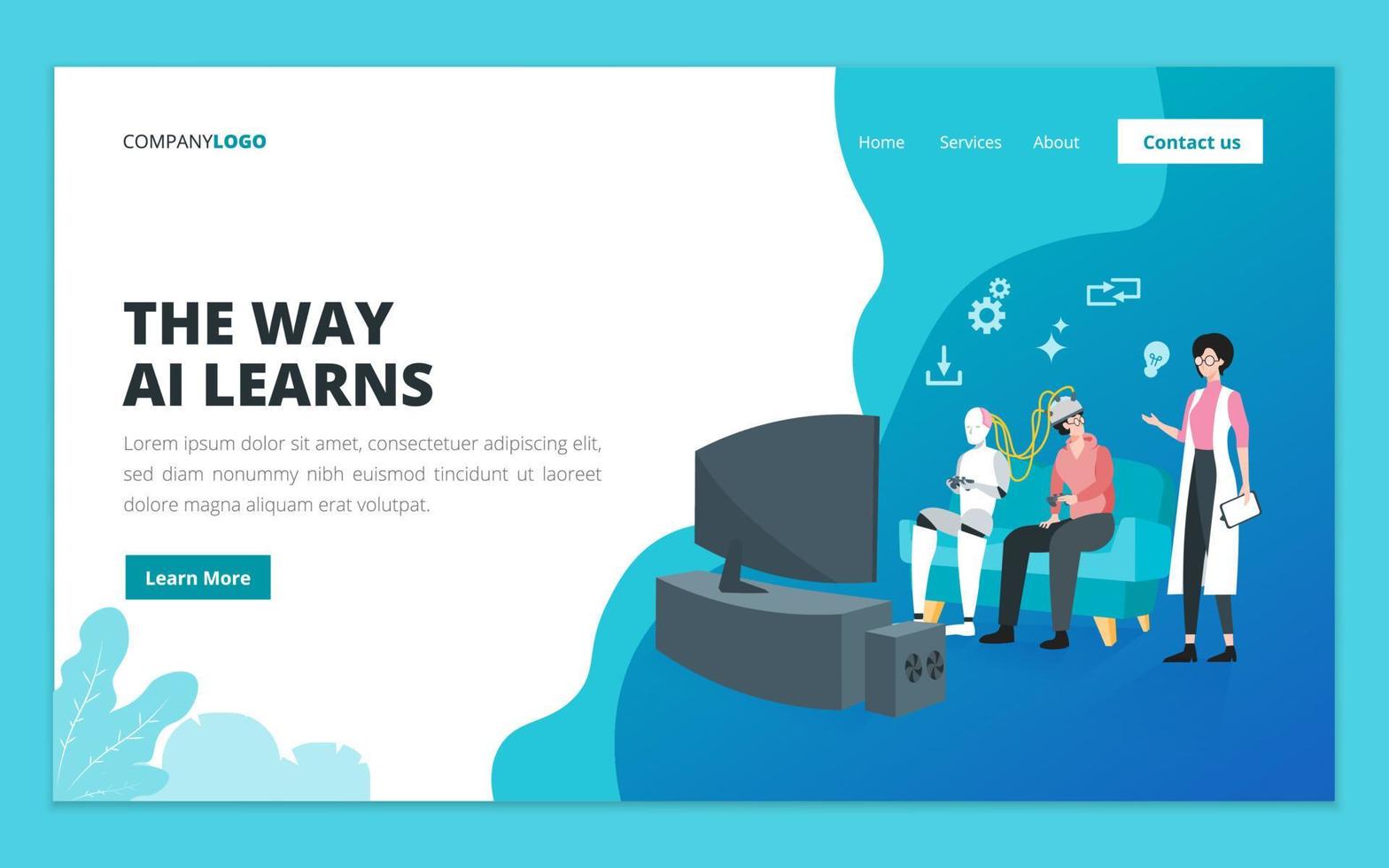 Landing page template of artificial intelligence AI, robot technology, future technology, machine learning. Illustration for website and mobile website development vector