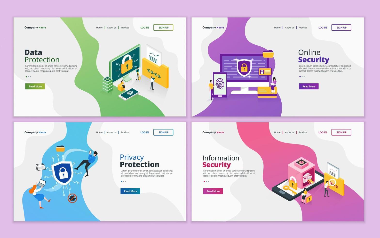 Set of web page design template for data protection, online security, privacy and personal information security. Illustration for website and mobile website development vector