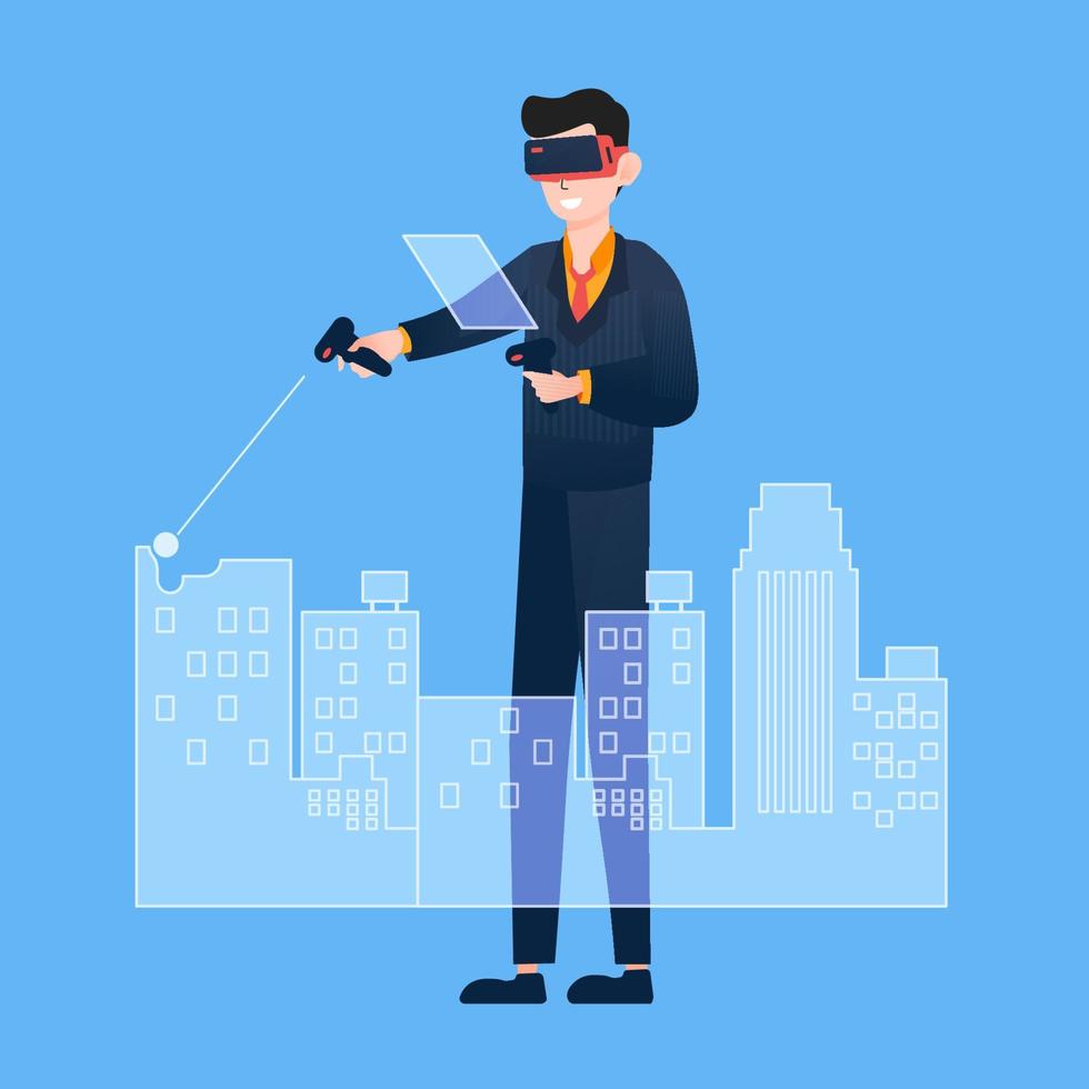 Businessman drawing virtual buildings with virtual reality tools vector