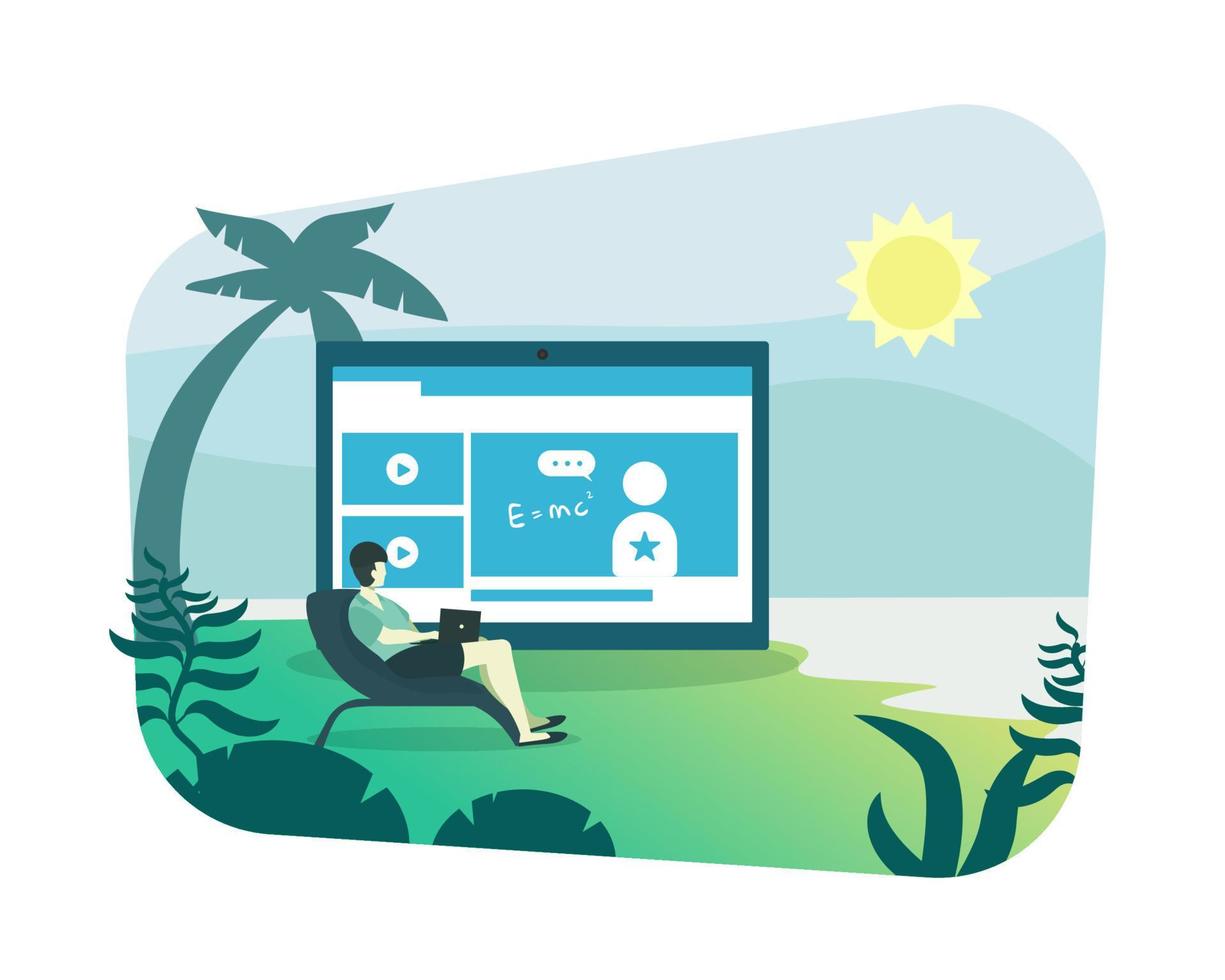 Man on holiday relaxing while watching online video course. Online education, e-learning, online courses concept. Illustration for website, landing page and business presentation vector