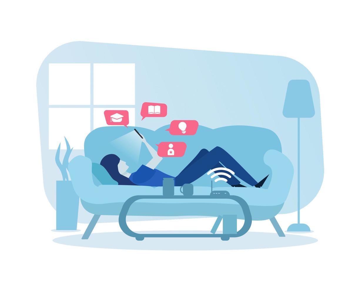 Woman laying down while studying and learning online with smartphone. Online education, e-learning, online courses concept. Illustration for website, landing page and business presentation vector