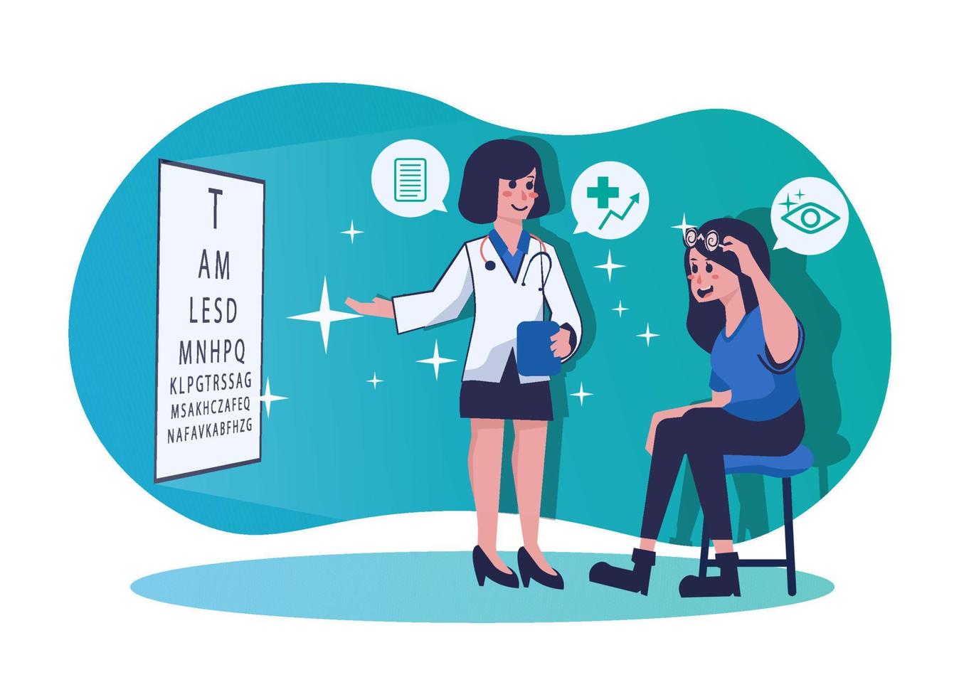 Woman with glasses having consultation with ophthalmologist doctor in hospital. Illustration of eye health and medical consultation concept vector