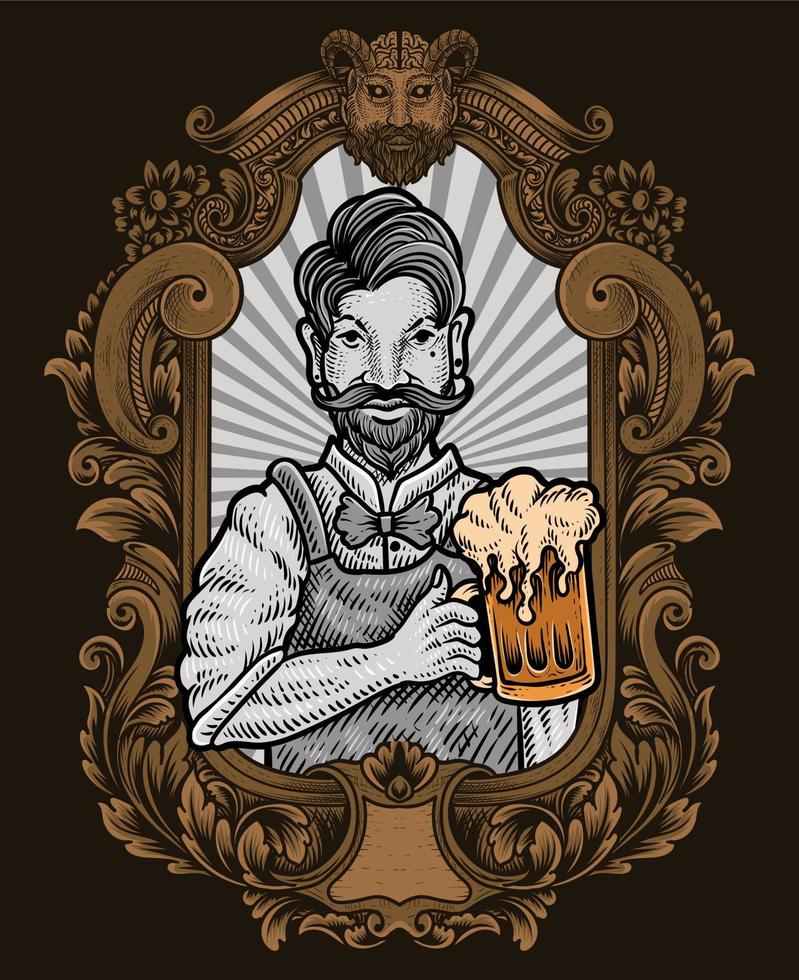 ilustración vintage barman con marco de adorno grabado vector