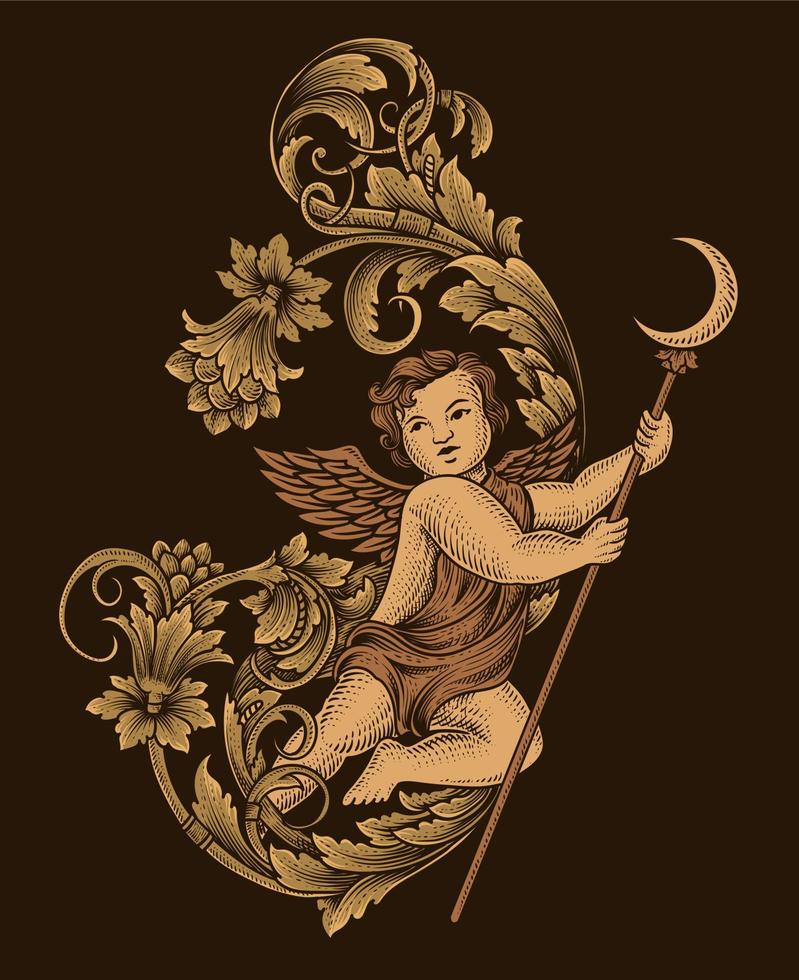 ángel de cupido de ilustración con adorno grabado estilo antiguo vector