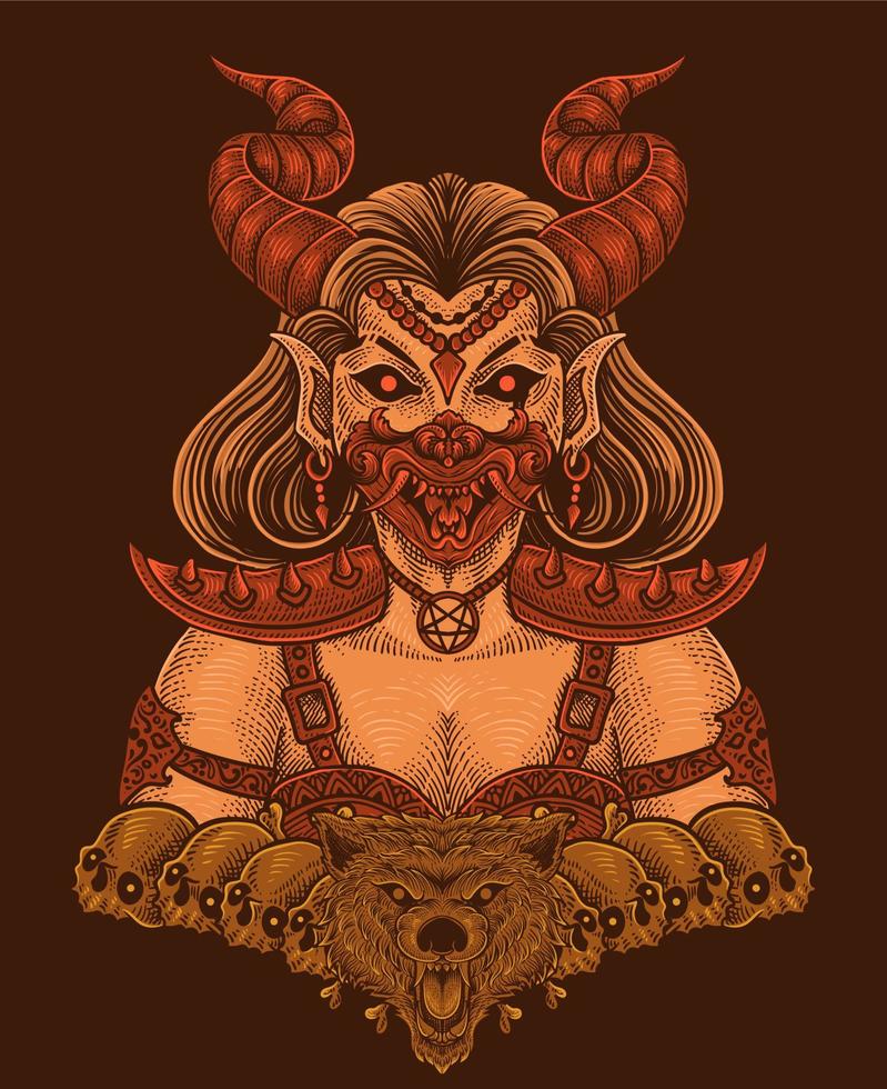 Illustration Demon girl with skull antique engraving style perfect for T-shirt, Hoodie, Jacket, Poster vector