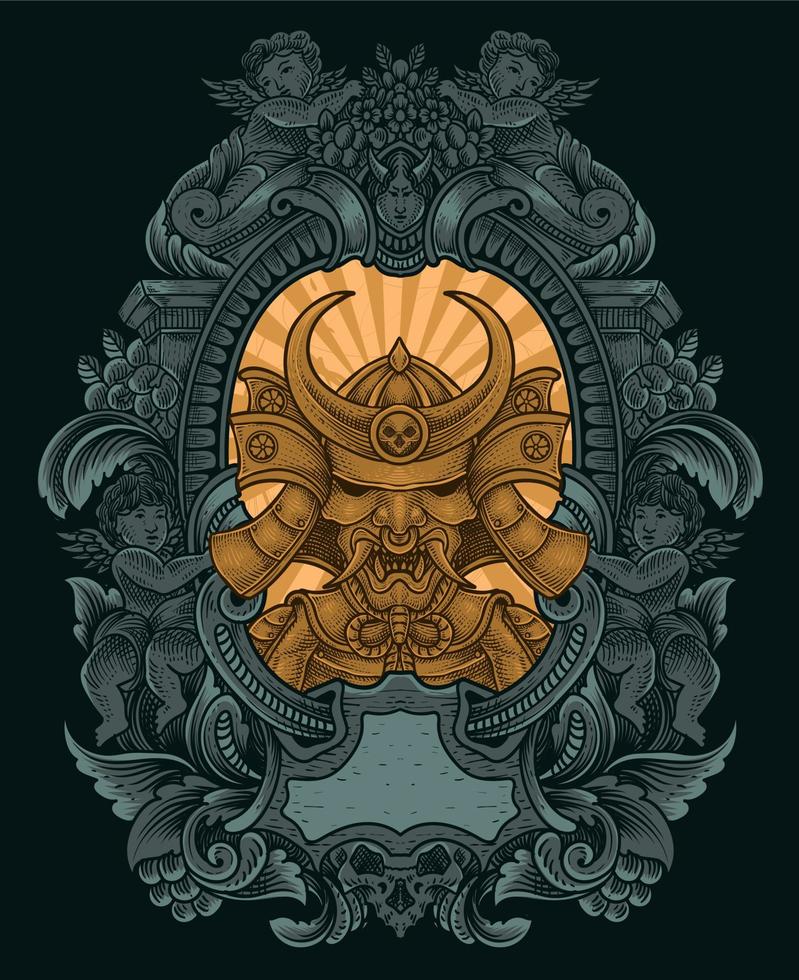 illustration isolated samurai warriors with engraving ornament vector