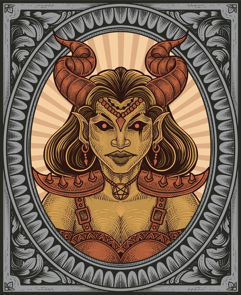 Illustration Demon girl with skull antique engraving style perfect for T-shirt, Hoodie, Jacket, Poster vector