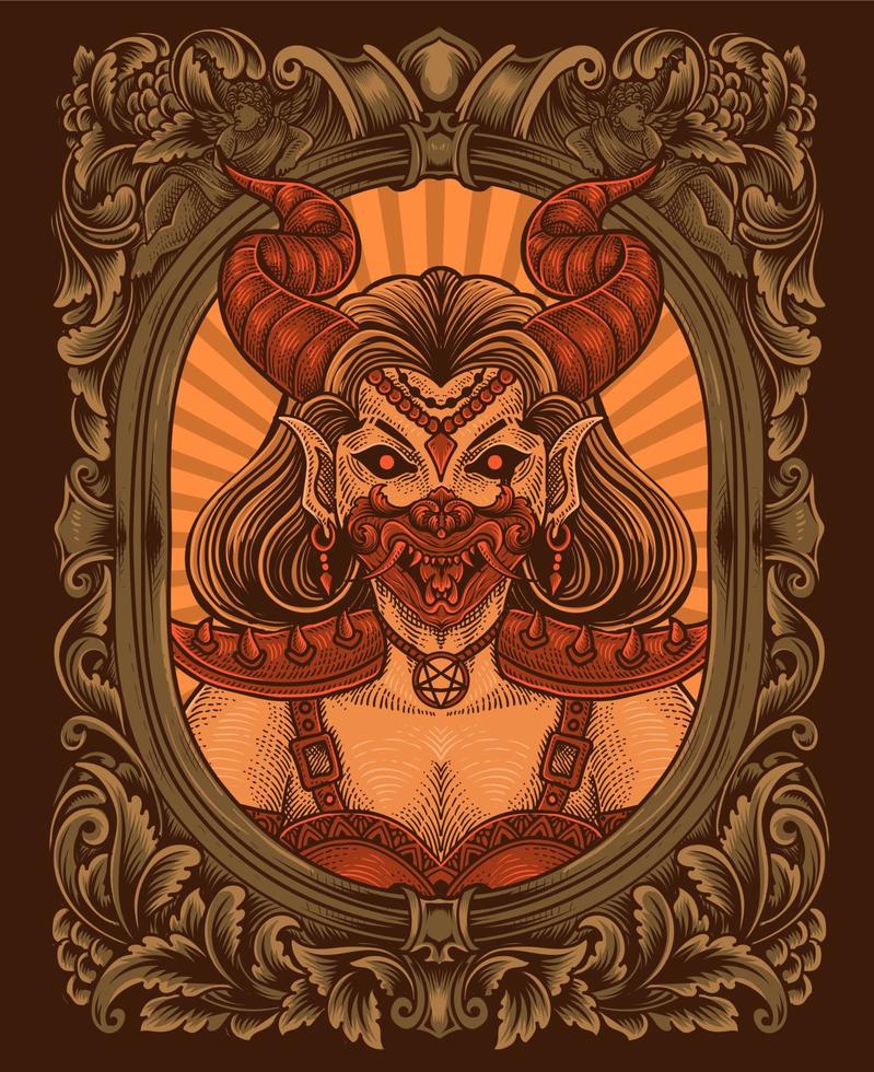 Illustration Demon girl with skull antique engraving style perfect for T-shirt, Hoodie, Jacket, Poster vector