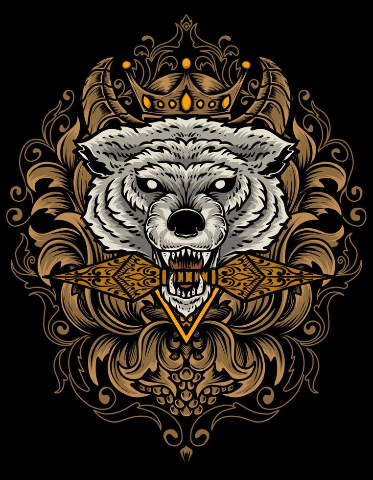 illustration wolf head with engraving ornament vector