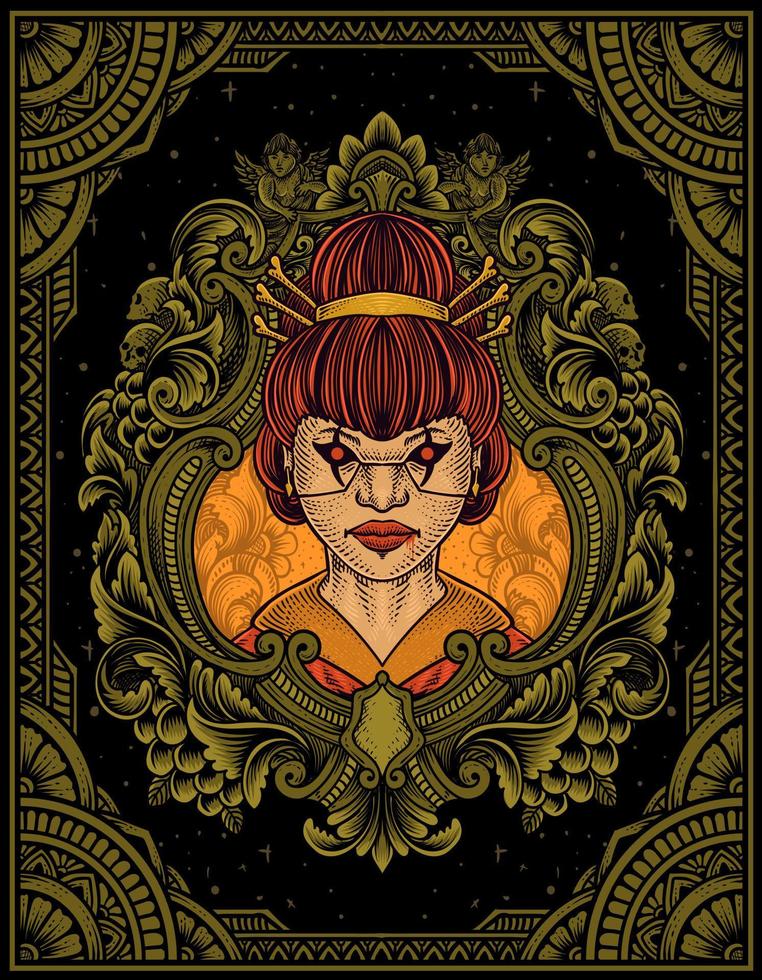 illustration geisha lady with engraving ornament frame vector