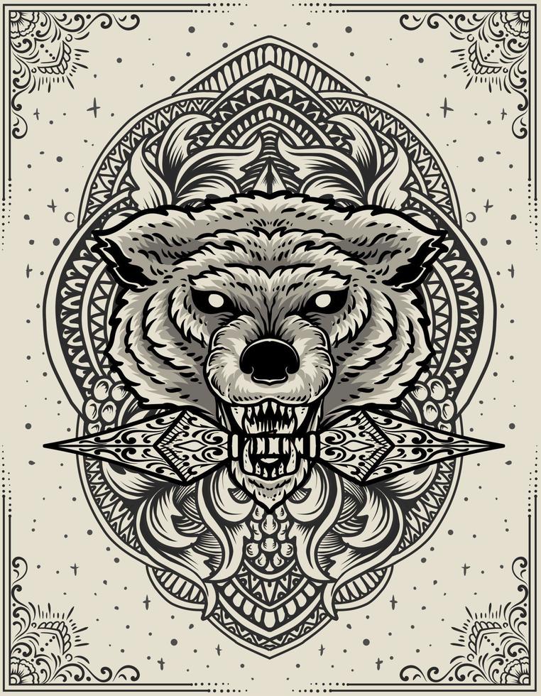 illustration wolf head with engraving ornament vector