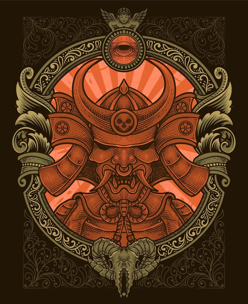 illustration isolated samurai warriors with engraving ornament vector