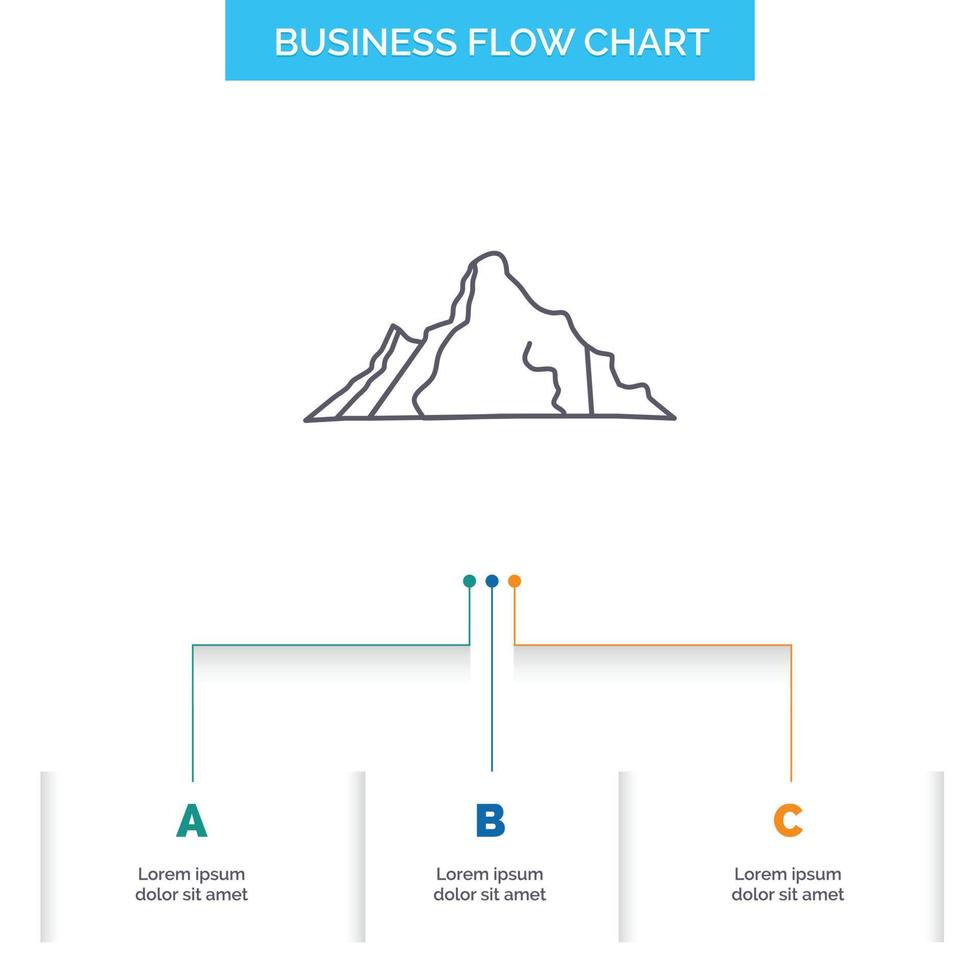 hill. landscape. nature. mountain. scene Business Flow Chart Design with 3 Steps. Line Icon For Presentation Background Template Place for text vector