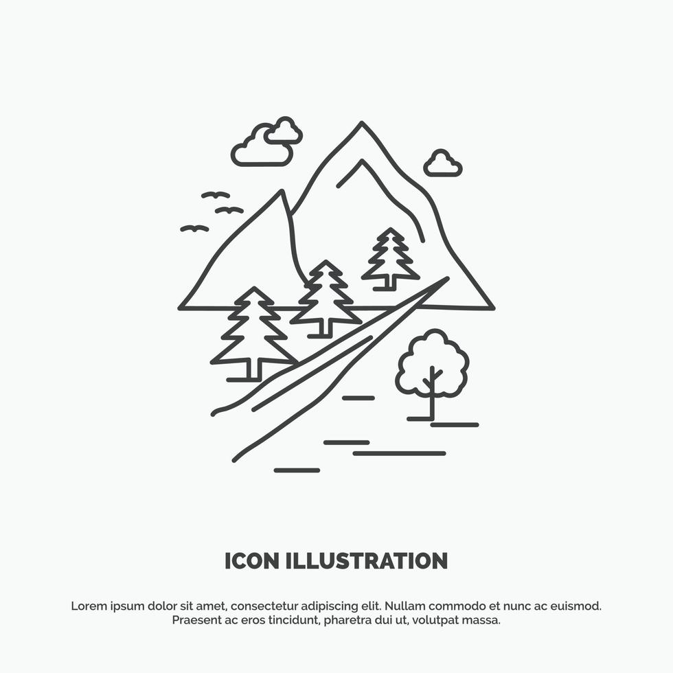 rocks. tree. hill. mountain. nature Icon. Line vector gray symbol for UI and UX. website or mobile application