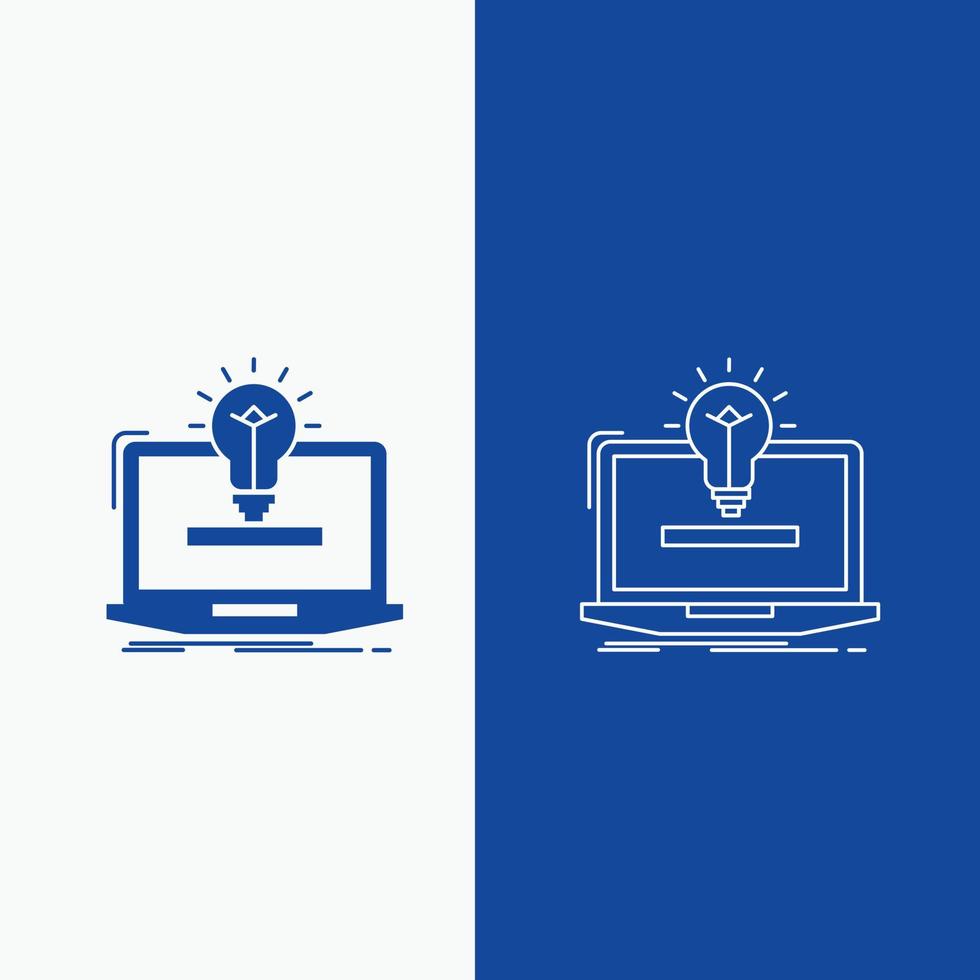 laptop. solution. idea. bulb. solution Line and Glyph web Button in Blue color Vertical Banner for UI and UX. website or mobile application vector