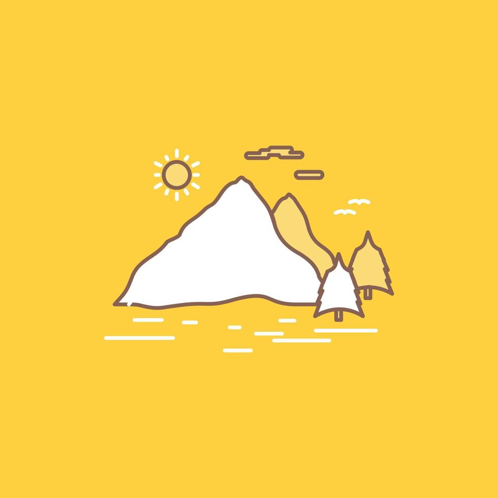 Nature. hill. landscape. mountain. sun Flat Line Filled Icon. Beautiful Logo button over yellow background for UI and UX. website or mobile application vector