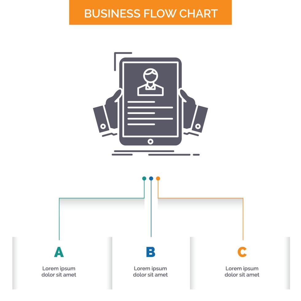 resume. employee. hiring. hr. profile Business Flow Chart Design with 3 Steps. Glyph Icon For Presentation Background Template Place for text. vector