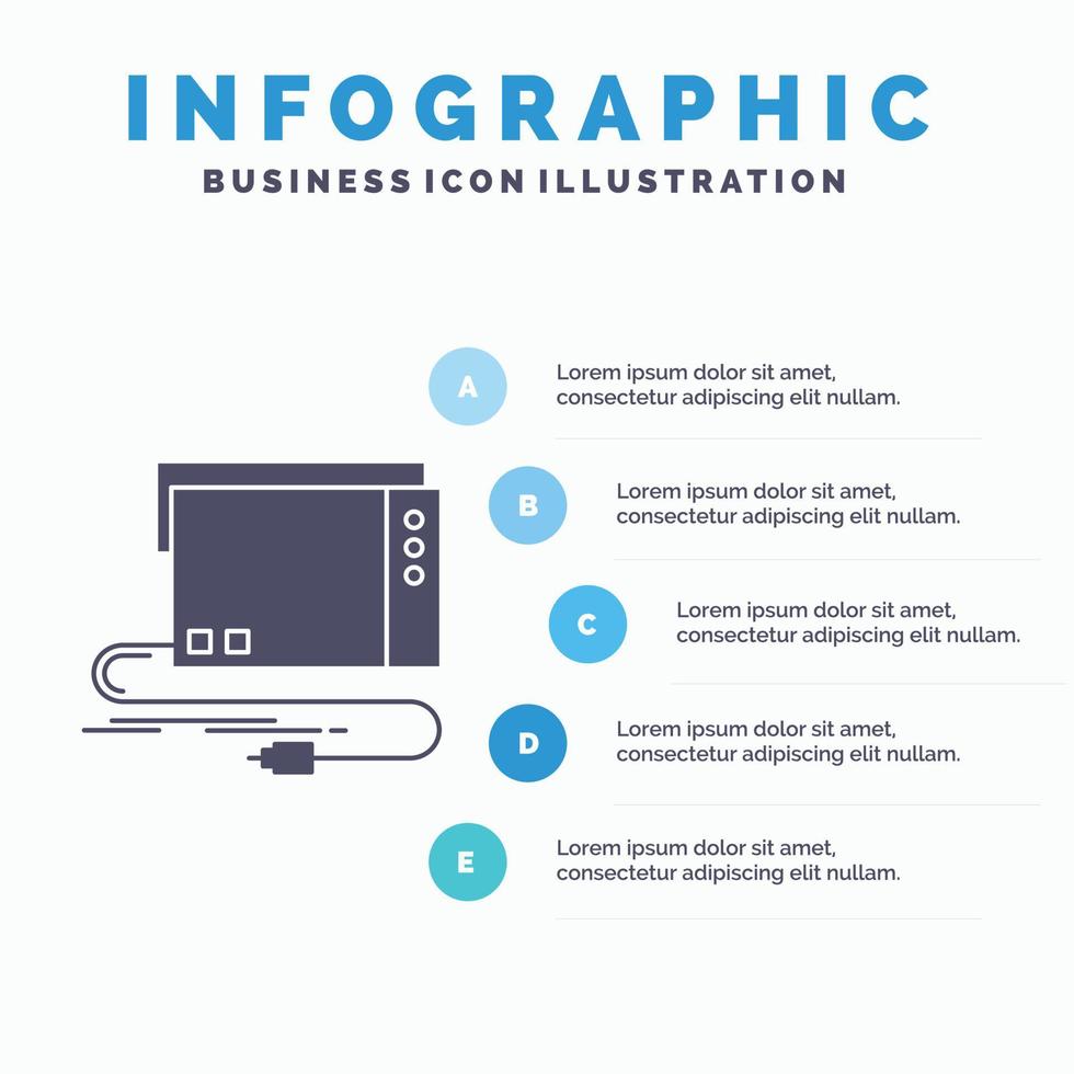 audio. tarjeta. externo. interfaz. plantilla de infografía de sonido para sitio web y presentación. icono de glifo gris con ilustración de vector de estilo infográfico azul.