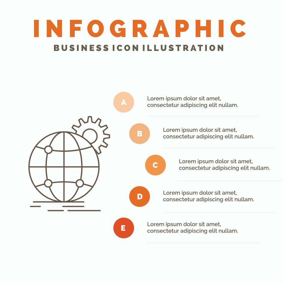 internacional. negocio. globo. en todo el mundo. plantilla de infografía de engranajes para sitio web y presentación. icono de línea gris con ilustración de vector de estilo infográfico naranja