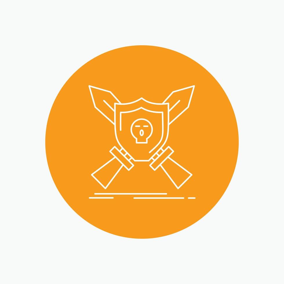 Badge. emblem. game. shield. swords White Line Icon in Circle background. vector icon illustration
