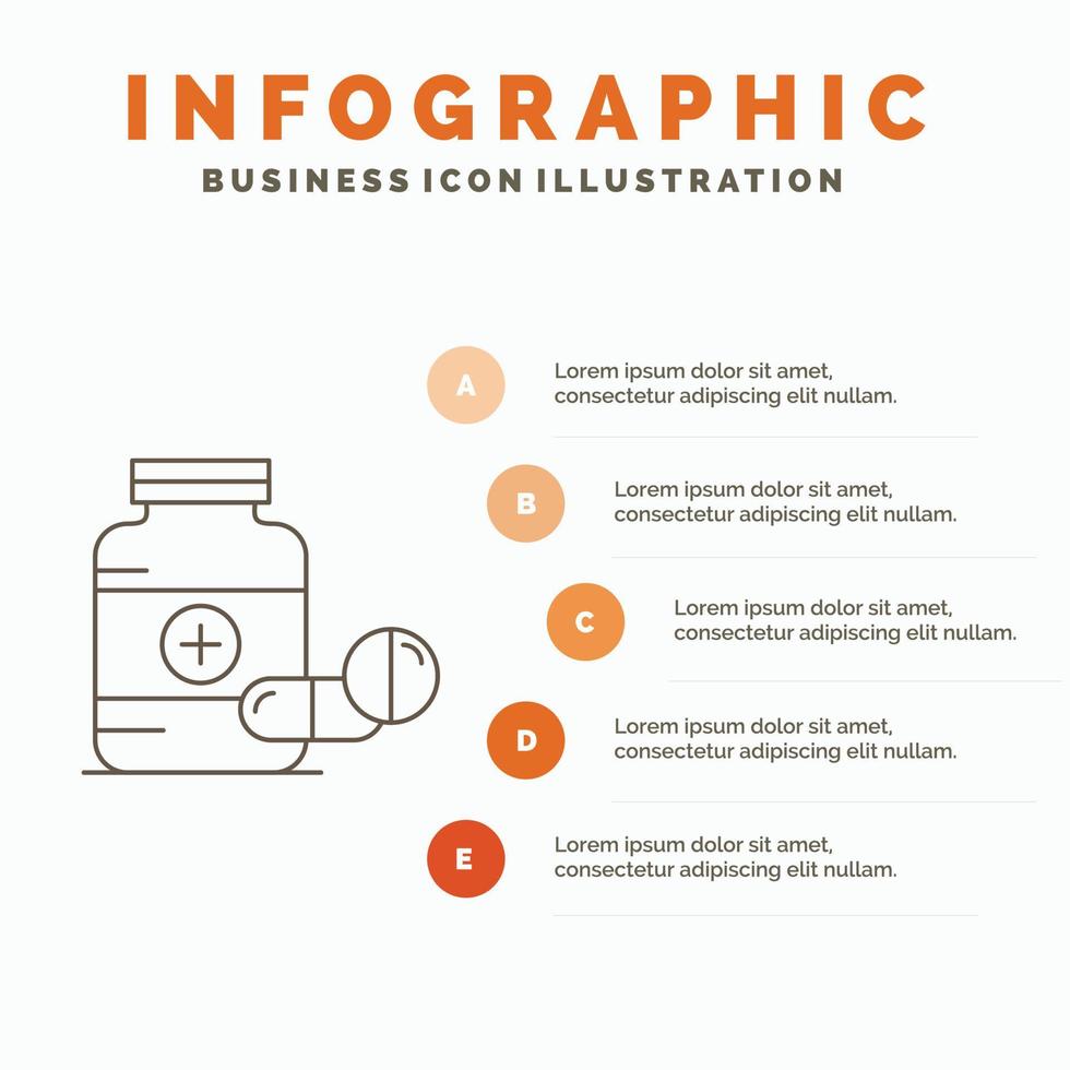 medicamento. píldora. cápsula. drogas plantilla de infografía de tableta para sitio web y presentación. icono de línea gris con ilustración de vector de estilo infográfico naranja