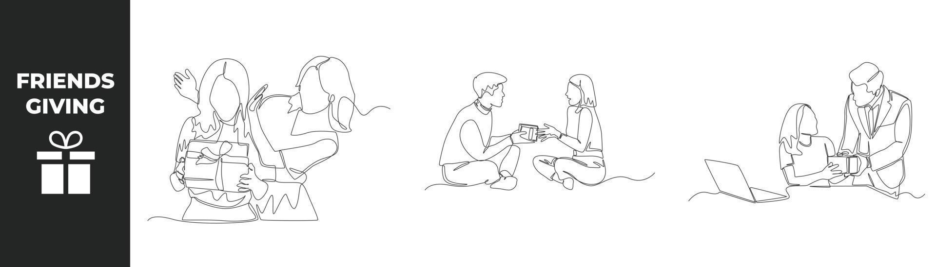 Single one line drawing friends giving concept set. Happy girl giving surprise to her friend, Happy boy giving gift box to his sister and Male giving gift box to his wife. Vector illustration.