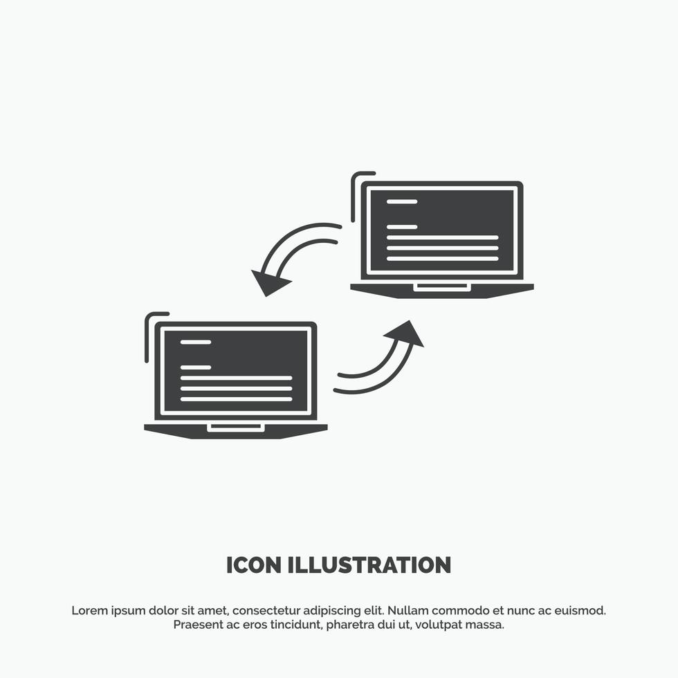computadora. conexión. Enlace. la red. icono de sincronización. símbolo gris vectorial de glifo para ui y ux. sitio web o aplicación móvil vector
