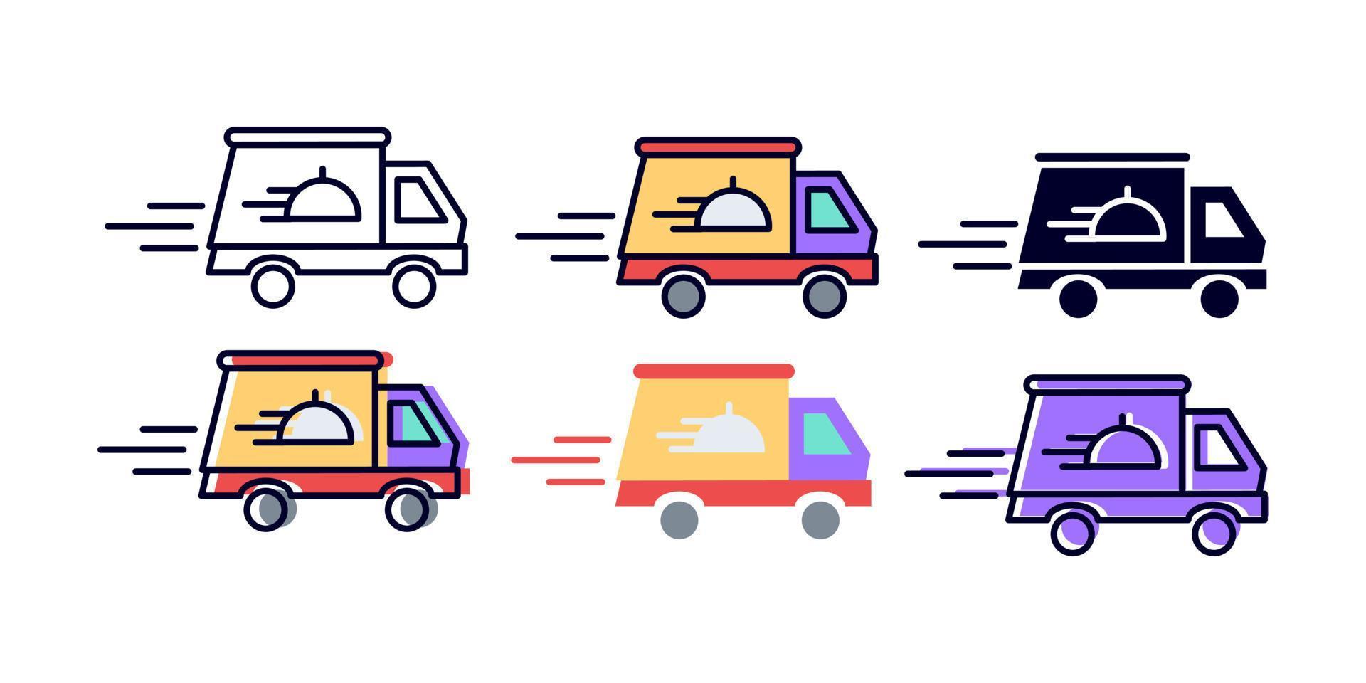 Vector icon isolated food delivery car in different style. Lines, glyphs and colorful versions.